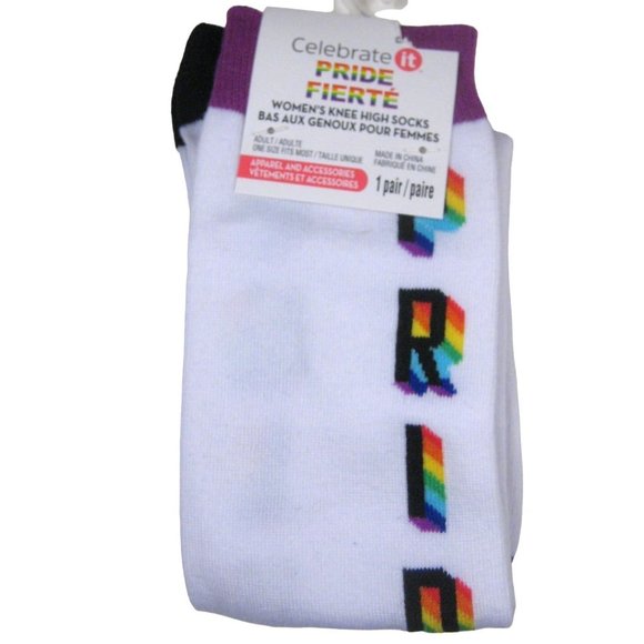 Women Pride Knee High Socks Adult One Size 1 Pair Rainbow Heart Polyester - Picture 1 of 5